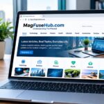 MagFuseHub.com digital media website displayed on a laptop with online publishing and content research elements.