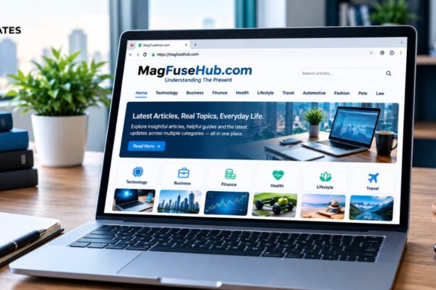 MagFuseHub.com digital media website displayed on a laptop with online publishing and content research elements.