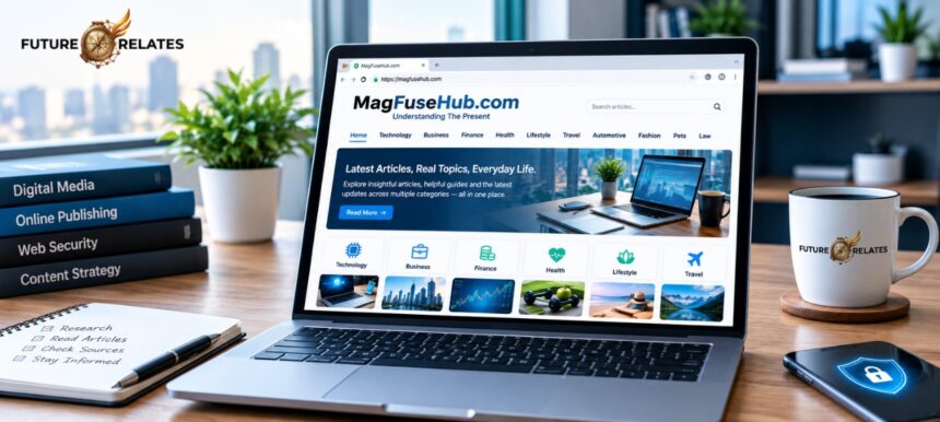 MagFuseHub.com digital media website displayed on a laptop with online publishing and content research elements.